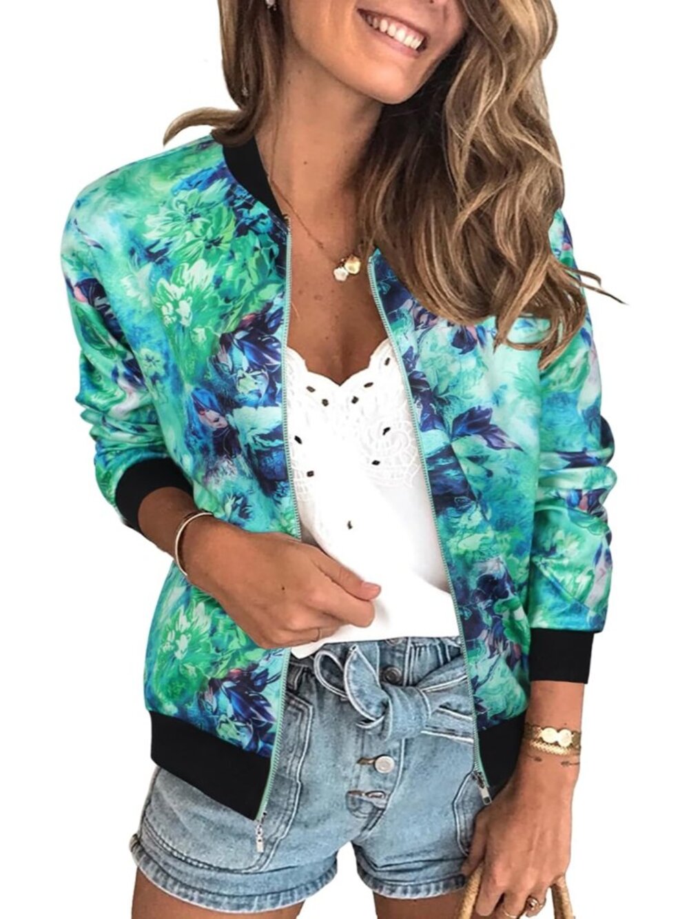 Women's Green Floral Front Zip Closure Lining Quilted Long Sleeve Bomber Jacket